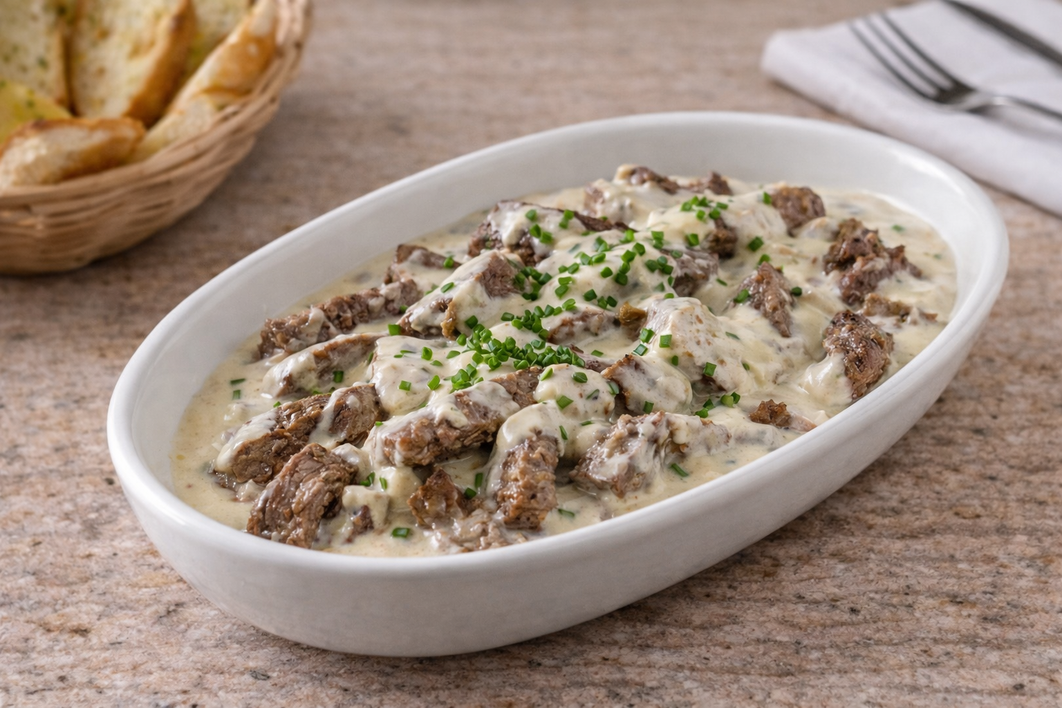 Filé em tiras ao molho de queijo gorgonzola