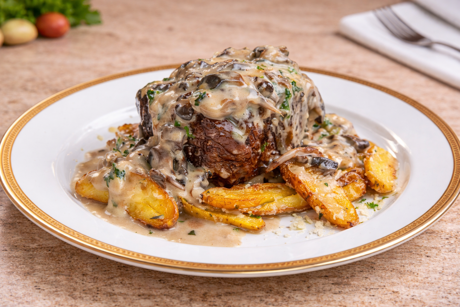 Medalhão ao molho de queijo gorgonzola