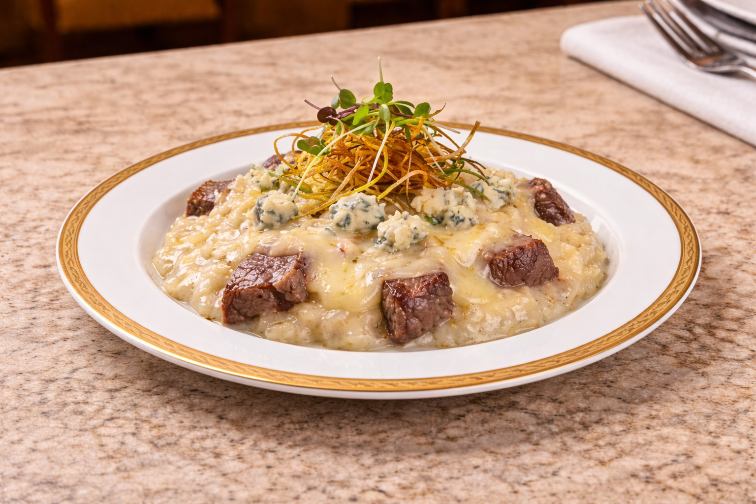 Risoto de filé mignon com gorgonzola